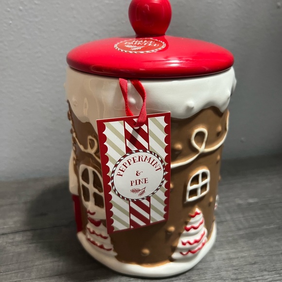 Festive Gingerbread House Cookie Jar with Red and Brown Accents - Picture 3 of 5
